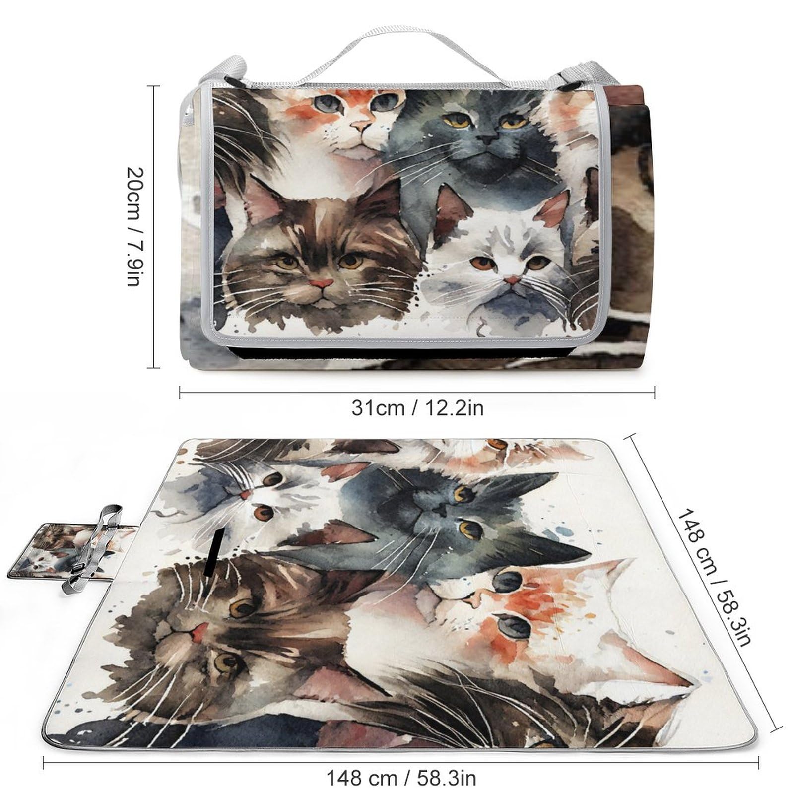 Cats-Faces-Watercolor Picnic Blanket Waterproof Foldable, Large Outdoor Picnic Blanket Beach Blankets Camping Blanket Travel Mat, Shoulder Strap Tote, Rectangle 58x58in