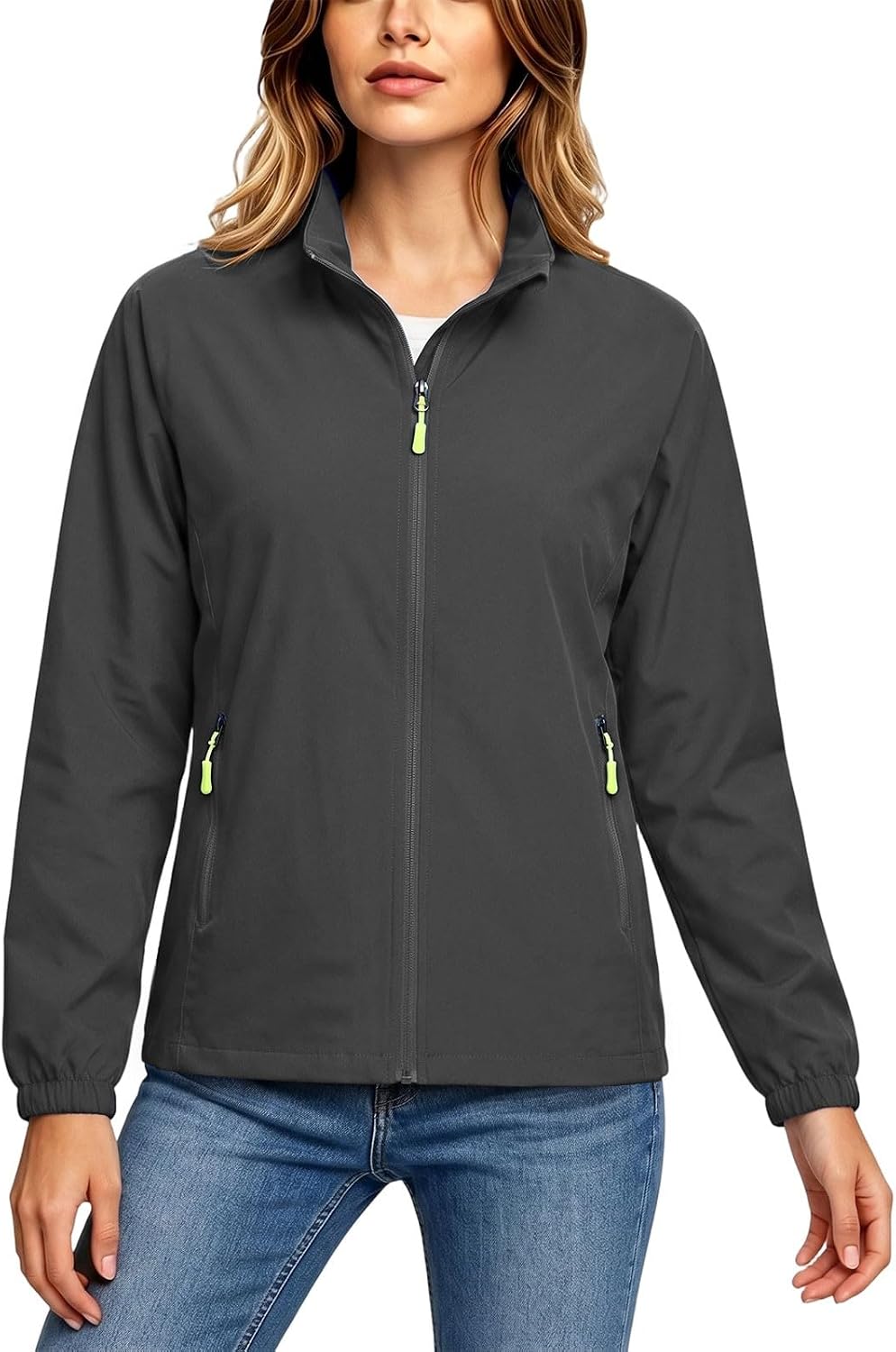 Womens Stand Collar Rain Jacket Zip Up Waterproof Windbreaker | Solid Color Lightweight Raincoat Outerwear Coat With Zip Pockets