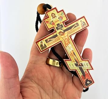 Religious Gifts Authentic Russian Orthodox Cross Wood Crucifix with Slavic Prayer Icon on Rope Cord