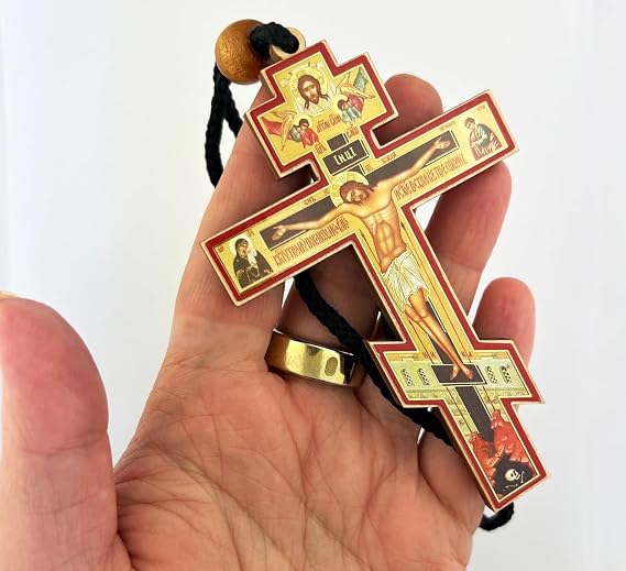 Religious Gifts Authentic Russian Orthodox Cross Wood Crucifix with Slavic Prayer Icon on Rope Cord