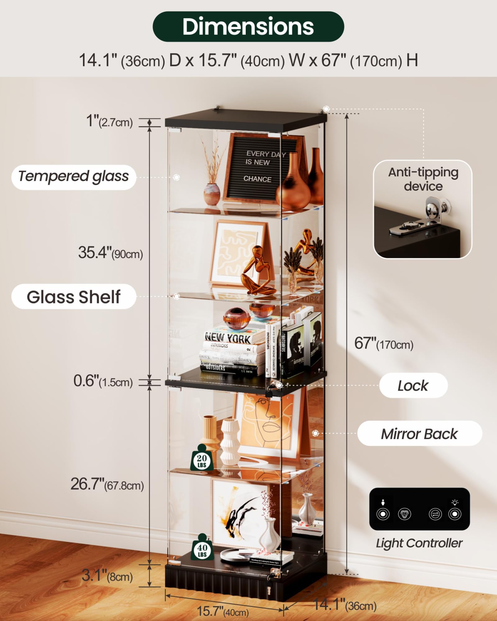 Lvifur Vitrine en Verre avec éclairage LED et tiroirs, vitrine Verticale avec capteurs intelligents, vitrine en Verre et Bois, vitrine de Collection à 5 Niveaux pour Objets de Collection, vin, Salon