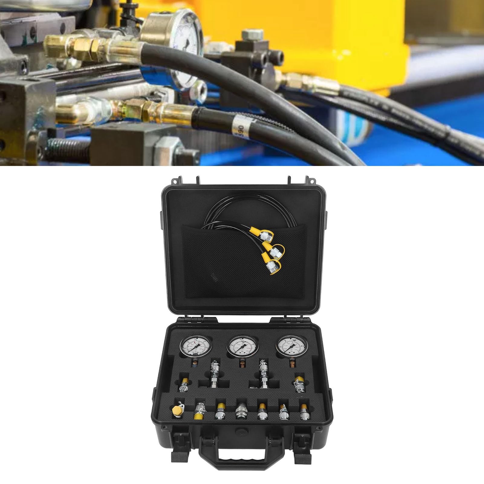 Kit di Prova della Pressione idraulica per escavatori con 5 manometri, 11 raccordi di Prova, 10 connettori a T e 3 Tubi Flessibili di Prova