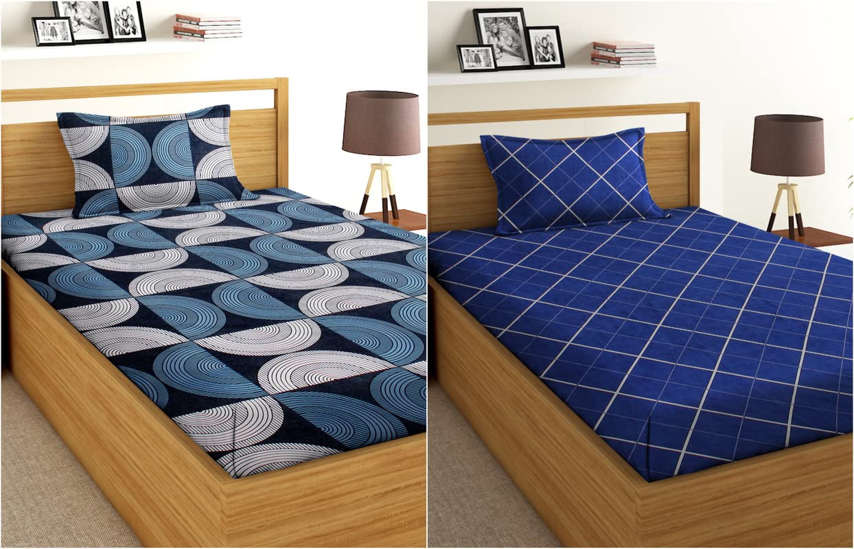 BSB HOME Glace Cotton Floral 160 TC 2 Single Bedsheets Coat Bed with 2 Pillow Covers (Grey & Blue, 4X6 feet ) - Combo Pack of 2