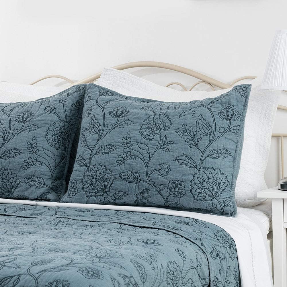Elegant Life Home 100% Cotton Night Blossom Embroidery Pillow Shams Pillowcase, Luxury Floral Pattern Pillow Covers, King Size, 20'' x 36'', Park Blue, 1 Piece