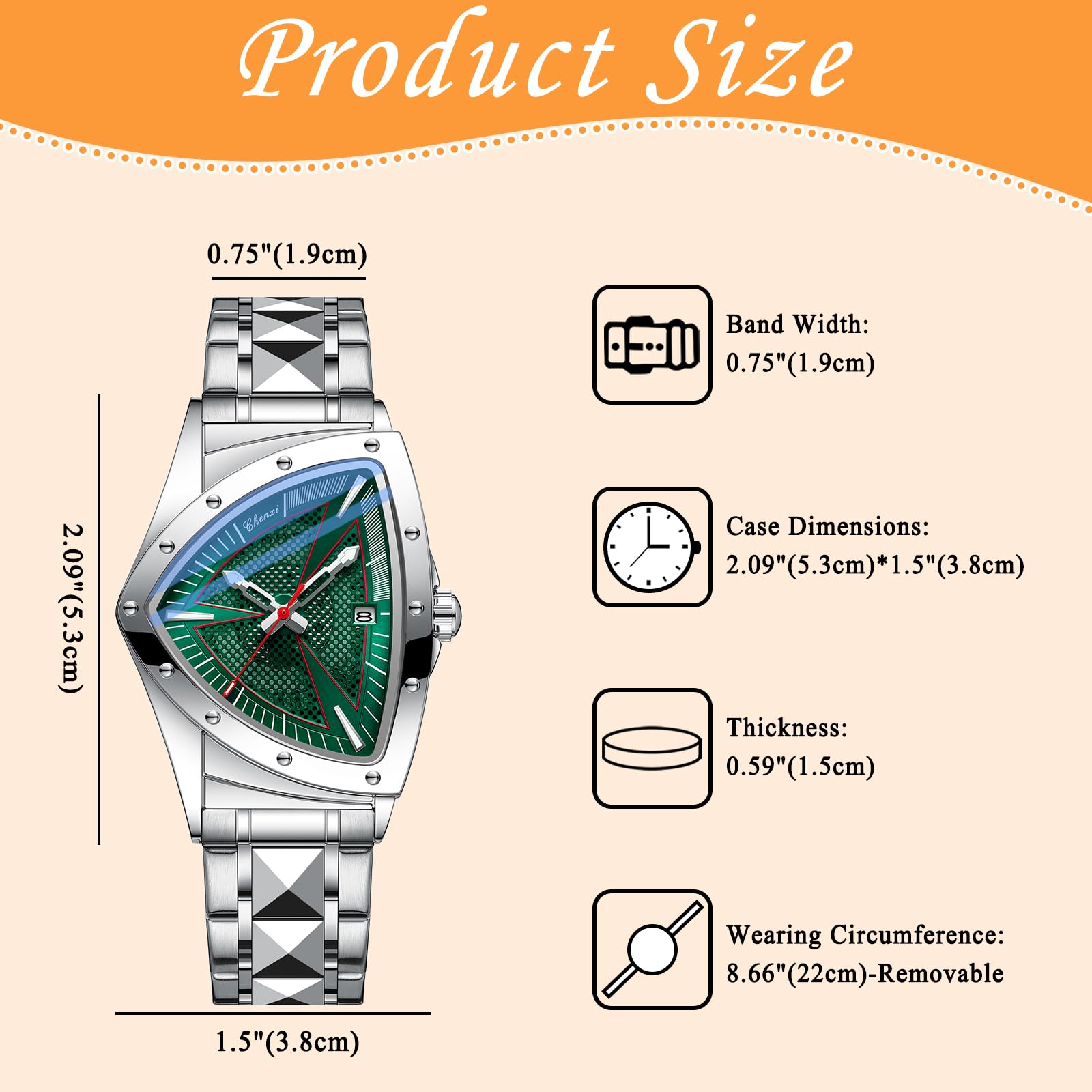 JewelryWe Reloj de Hombre Cuarzo Analógico: Caja Triangular, Correa de Acero Inoxidable, Agujas Luminosas, Índices Luminosos, Calendario, Resistente al Agua, Reloj Negocios,Regalos para Hombres