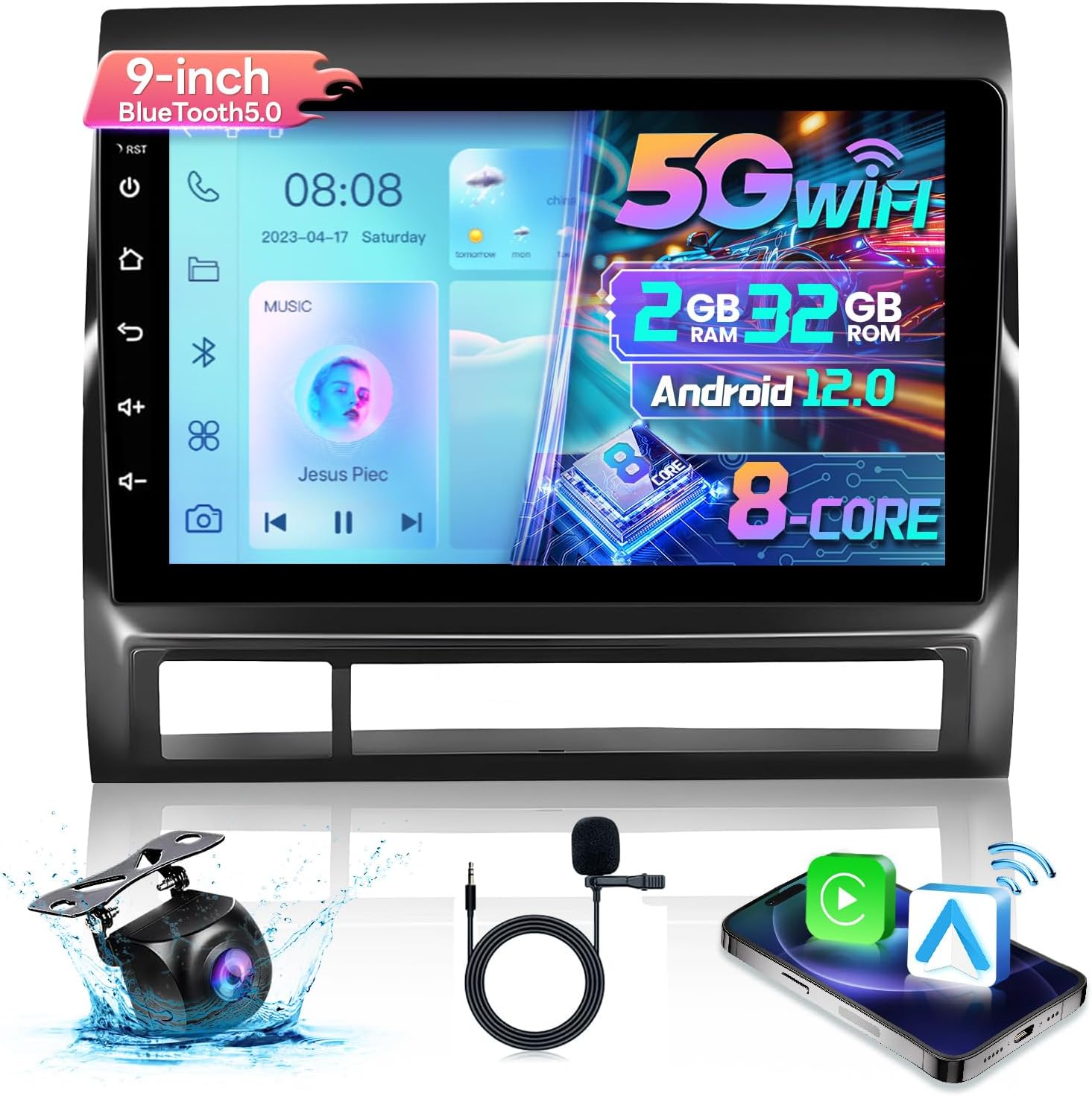 8Core 2+32G Car Radio for Toyota Tacoma 2005-2015 JBL,9" IPS Touchscreen Android 12 Tacoma Stereo with CarPlay and Andriod Auto 5G WiFi GPS 48EQ DSP AM/FM/RDS Backup Camera