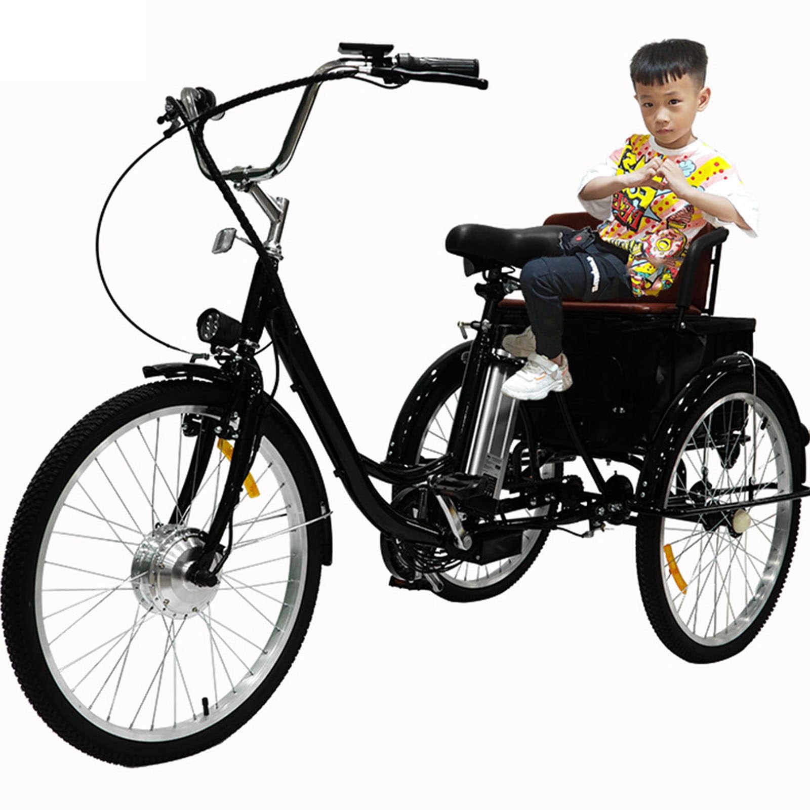 Vélo électrique Familial à 3 Roues,Tricycle éLectrique pour Adulte avec Panier/Batterie Amovible,Pneus De 24 Pouces,avec SièGe Ou Panier De Traction,Charge Maximale:150 Kg Black-WithSeat