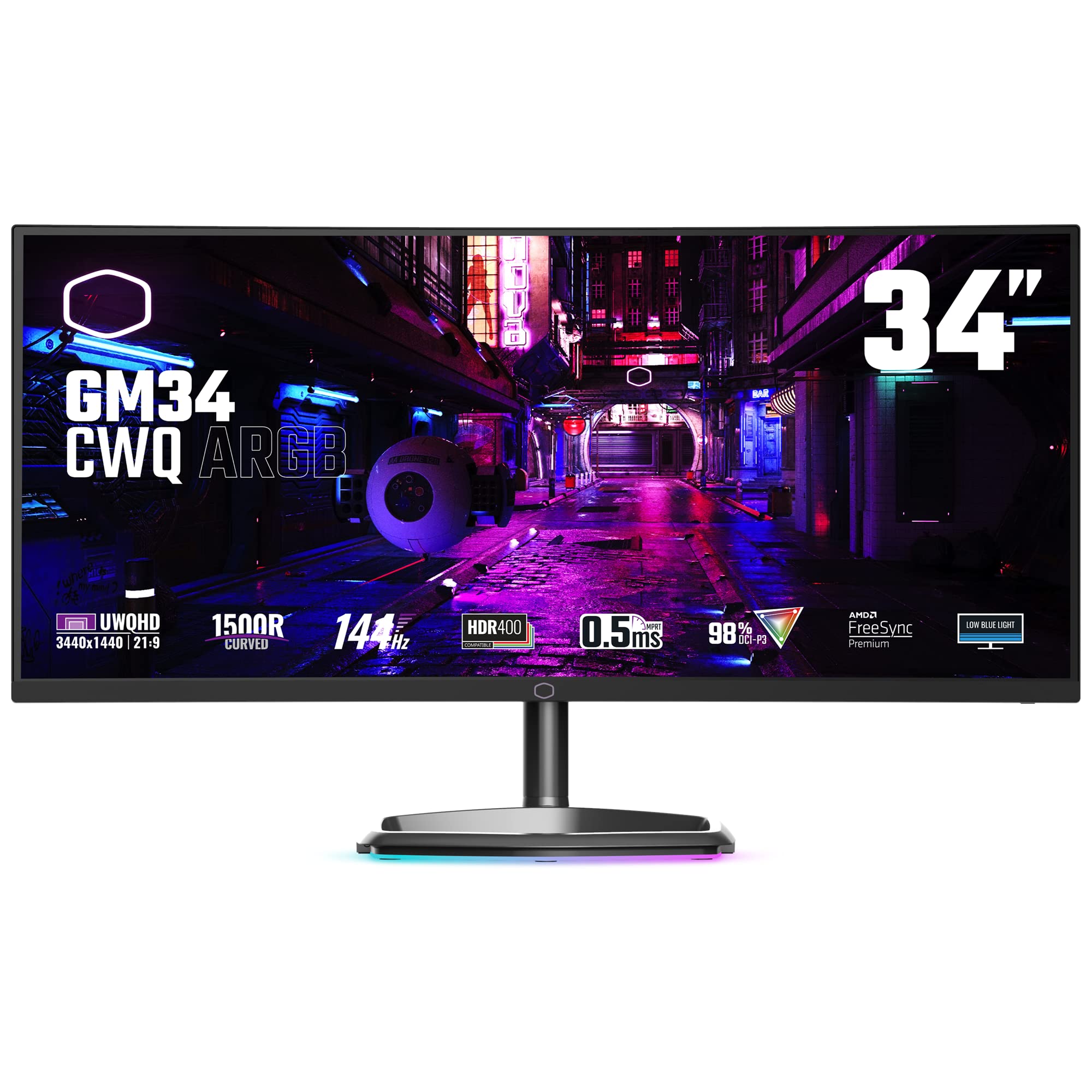 Cooler Master GM34-CWQA 34” ARGB Curved 144Hz VA QD Tech Ultra-WQHD 3440 x 1440 PC Monitor, 0.5ms (M