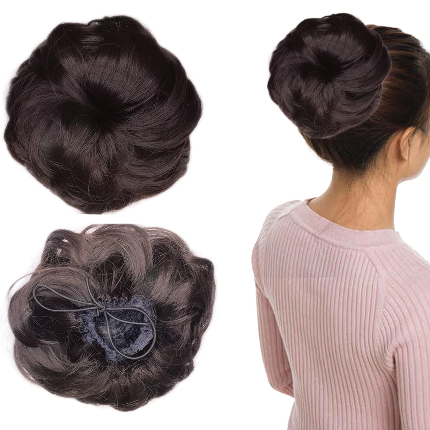 Hair Accessories For Women Stylish - Artificial Fake Donuts Maker Scrunchies for Wedding - Juda Hair Messy Bun Extension with Elastic Rubber Band Drawstring - Big Size 17 CM - Natural Brown-image-39