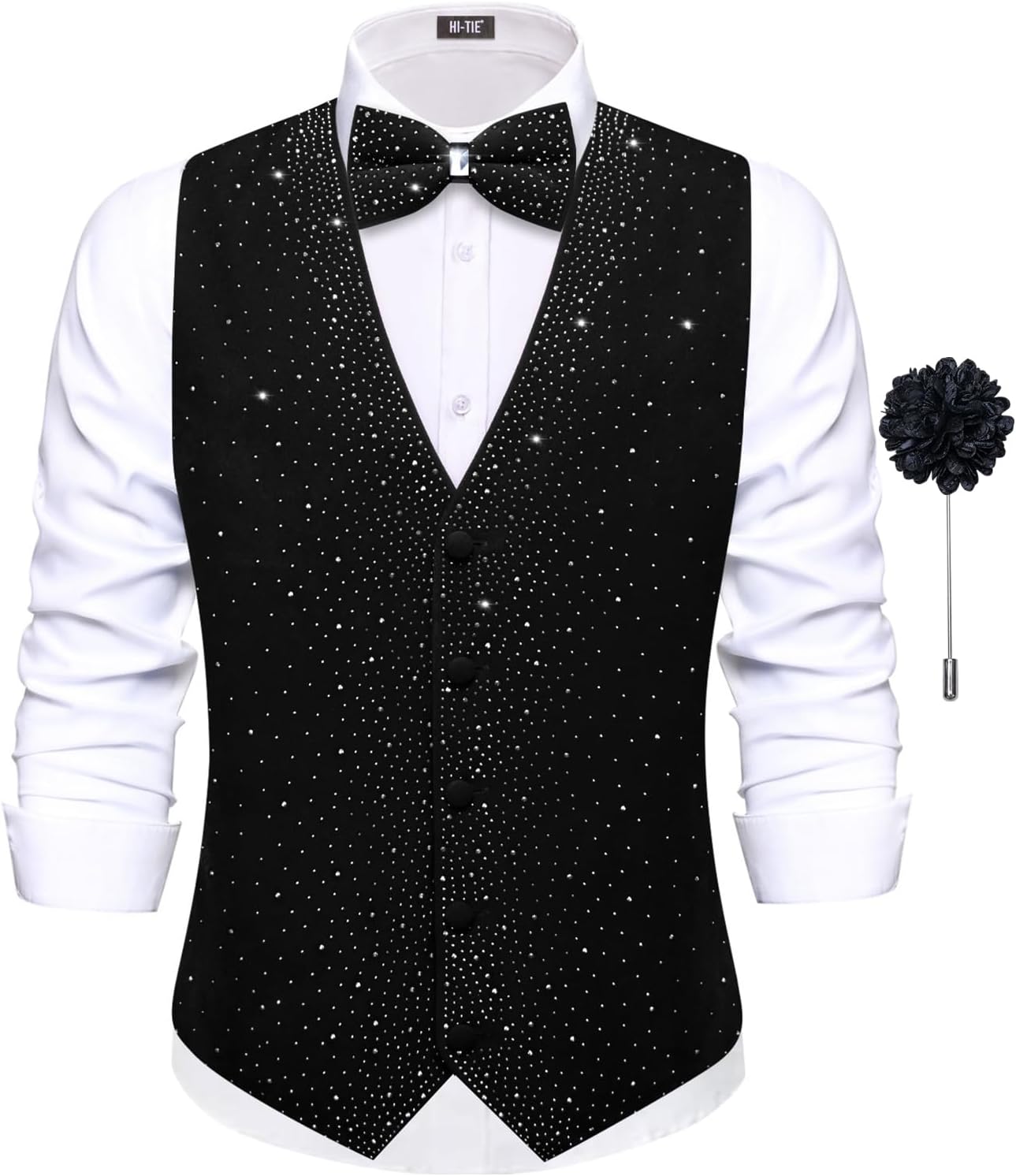 Hi-Tie Men's Sparkling Velvet Waistcoat Suit Vest and Bow Tie Set Tuxedo Vests Flower Lapel Pin for Wedding Party Performance
