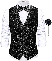 Hi-Tie Men's Sparkling Velvet Waistcoat Vest Bow Tie Set with Rhinestone Bowtie & Flower Lapel Pin - Tuxedo for Weddings Parties