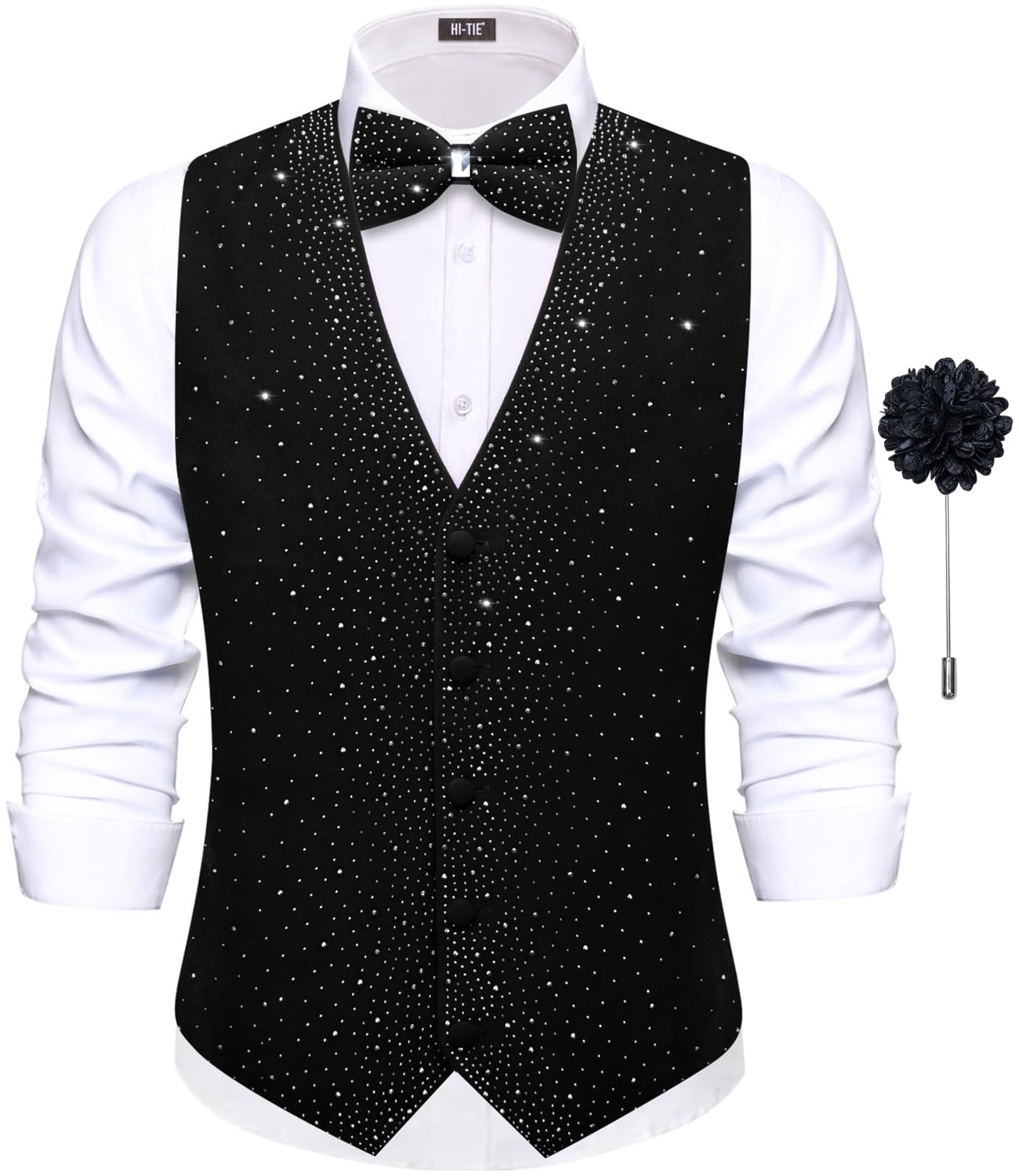 hi-tie Men's Sparkling Velvet Waistcoat Suit Vest and Bow Tie Set Tuxedo Vests Flower Lapel Pin for Wedding Party Performance-picture-35