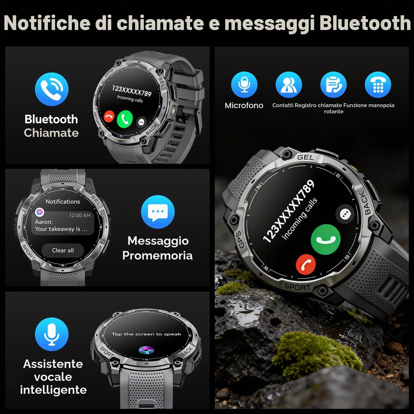 Smartwatch Uomo con GPS, 1.43" AMOLED HD Orologio Smart Watch Militare con Chiamata Bluetooth, Torcia LED, Bussola, Cardiofrequenzimetro, 100+ Modalità Sportive Fitness Tracker per Android iOS