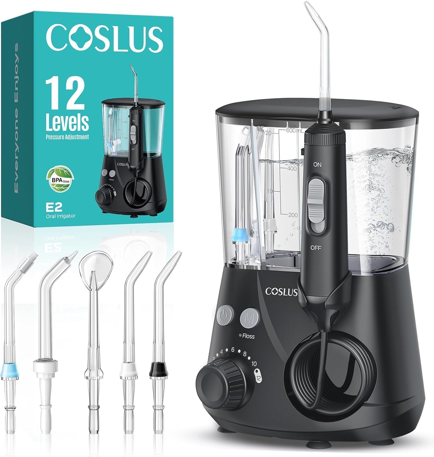 COSLUS Hydropulseur, embout rotatif, réglage de pression multiple, noir