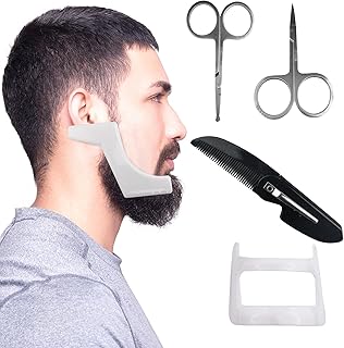 ochisdf Beard Shaper Tool Kit for Men - Includes Goatee Shaving Template, Beard Shaping Outliner, Haircut Scissors, and Foldable Mustache Comb, Portable Beard Shaping and Grooming Kit Gift for Men