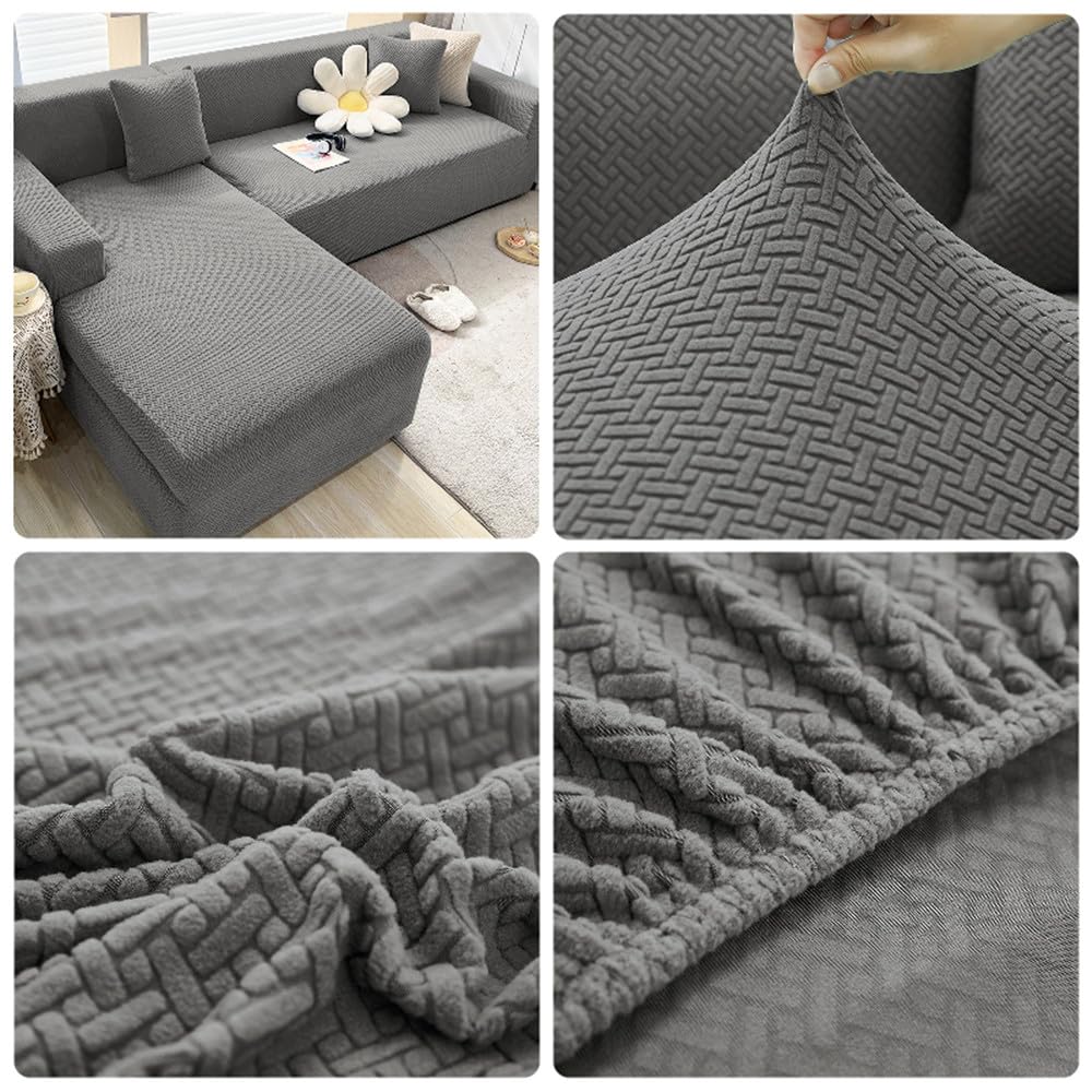 Sofabezug l Form, Jacquard Stretch Sofabezug, verdickter weicher und bequemer Stoff, Sofaschoner rutschfest für Wohnzimmer, staubdicht, Maschinen waschbar (Light Grey,3-Seater 190-230cm)