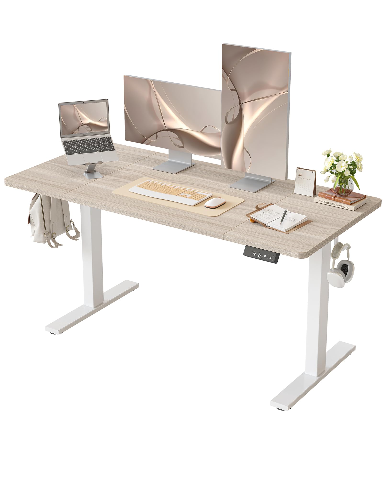 BEXEVUE scrivania elettrica regolabile 140×70 cm – Tavolo ergonomico per lavorare in piedi e seduti, stabile e silenzioso con 2 tasti memoria, Noce chiaro