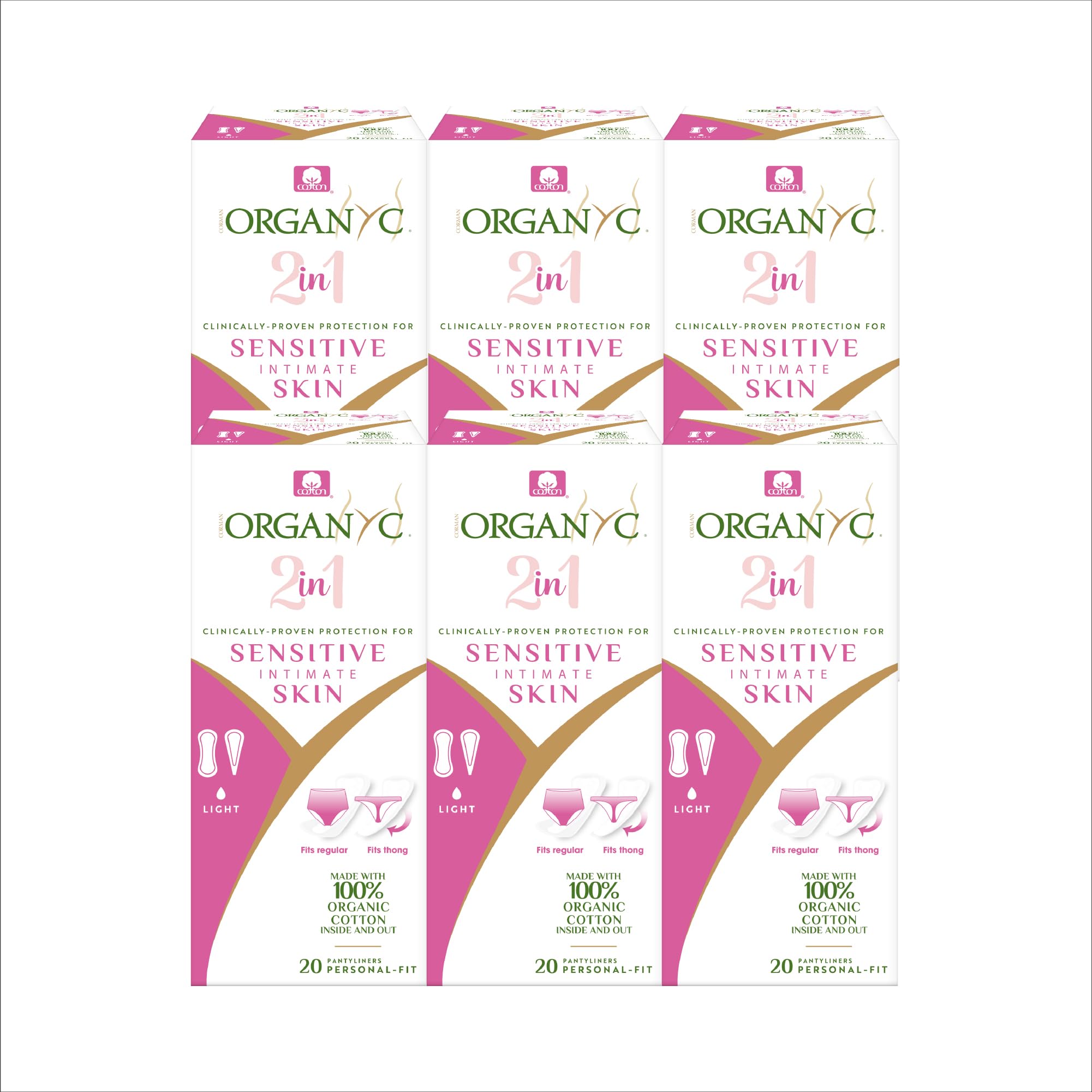 Organyc 100% Certified Organic Cotton Inside and Out 2 in 1 Panty Liners for Women Fits Thong or Regular Underwear, Light Flow, 20 Count, 6 Packs (6)