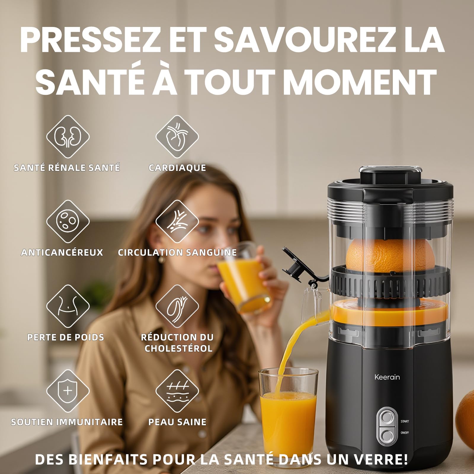 Presse Agrume Electrique 100W Puissant – Extracteur de Jus Professionnel pour Oranges, Citrons, Grenades – Haut Rendement, Anti-Gouttes, Facile à Nettoyer