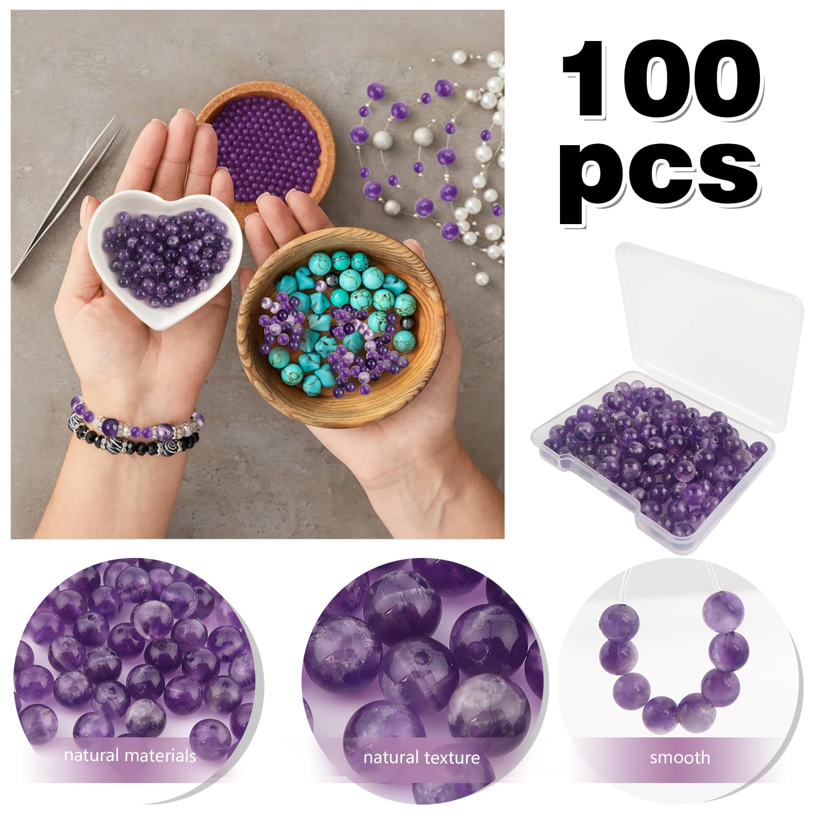 TOAOB 100pcs Natural Stone Beads 6mm Amethyst Stone Beads Round Gemstone Loose Spacer Crystal for Jewellery Making Necklace Bracelet Earrings - Image 3