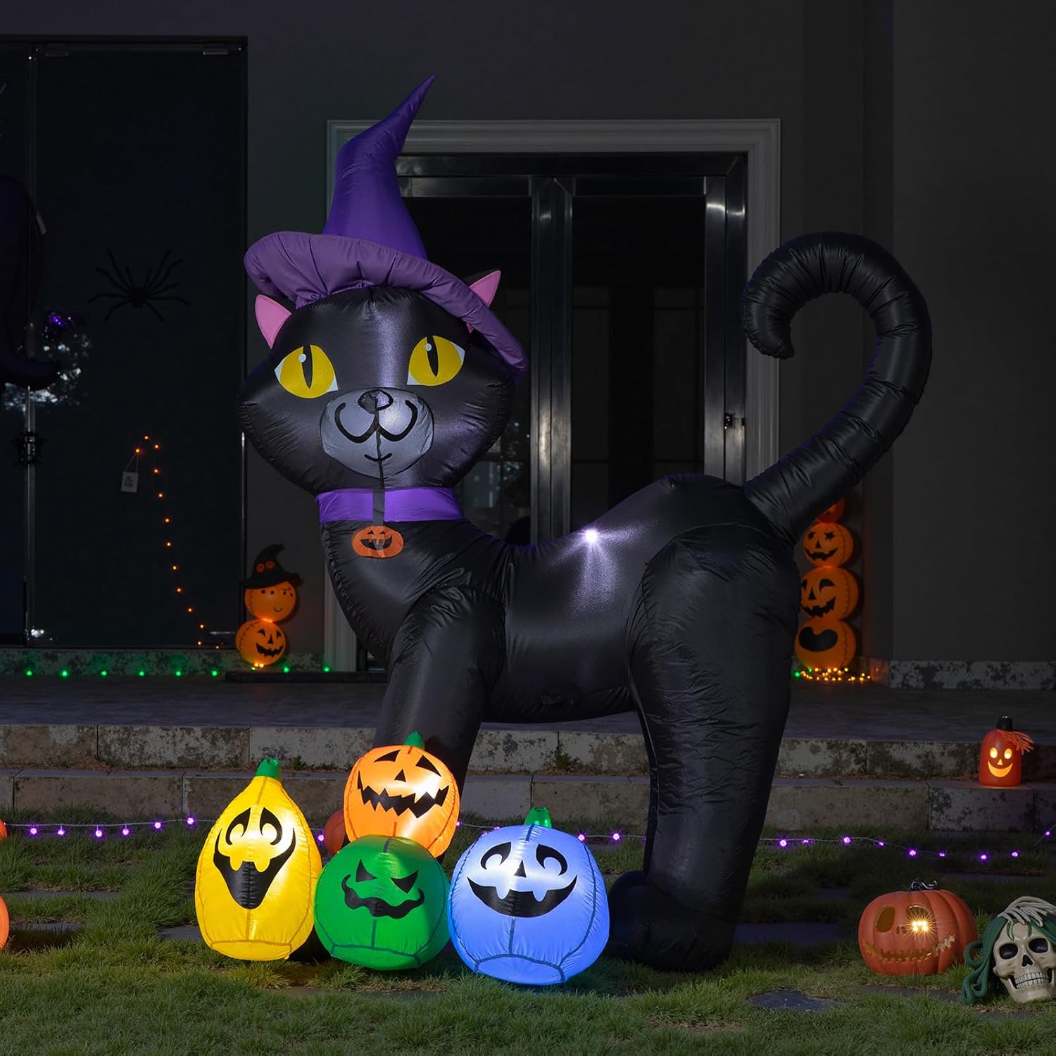 6FT Halloween Inflatable Black Cat with Witch Hat and 4 Colorful Pumpkins, Cute Blow Up Yard Decoration with LED Lights for Lawn, Garden, Balcony, Outdoor Holiday Party Events