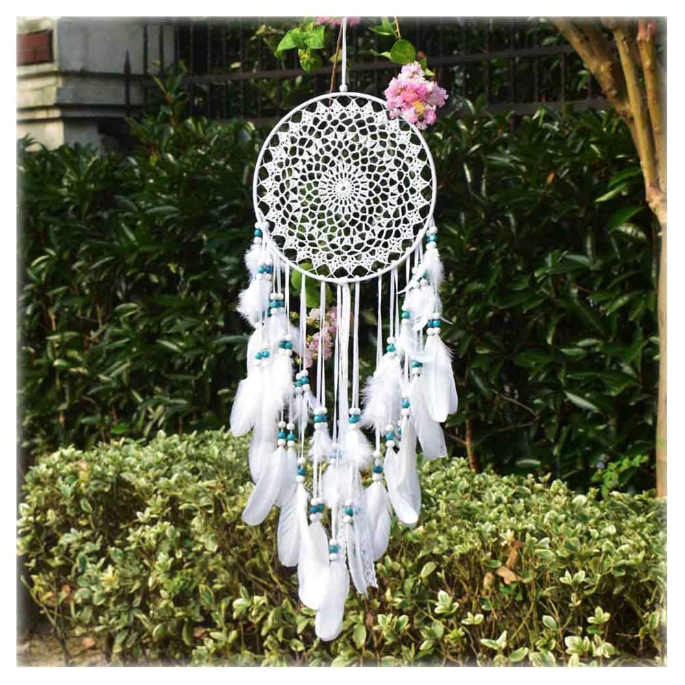 Large White Boho Dream Catcher with White Feather and Lace Hanging Wedding Decoration Ornament Gift, Dia 9.9 Inches