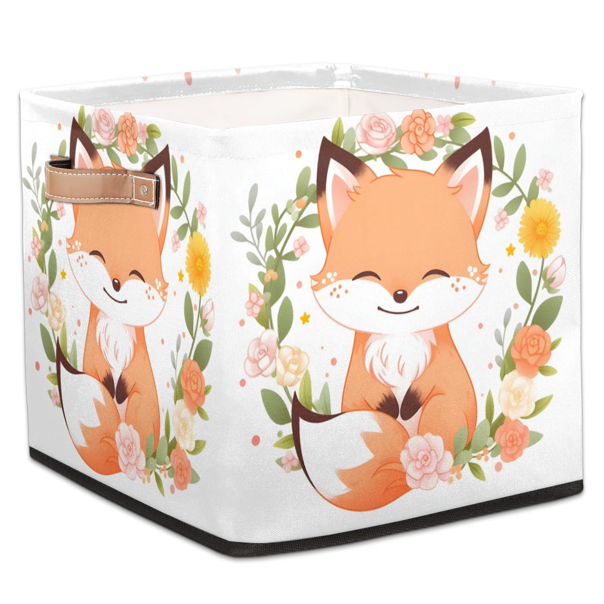 Animals Fox Cube Storage Bins 13 x 13 x 13 Inch Cute Flower Fox Fabric Foldable Storage Cubes Basket Boxes with PU Handles for Shelves Closet Bedroom Organizer Clothes