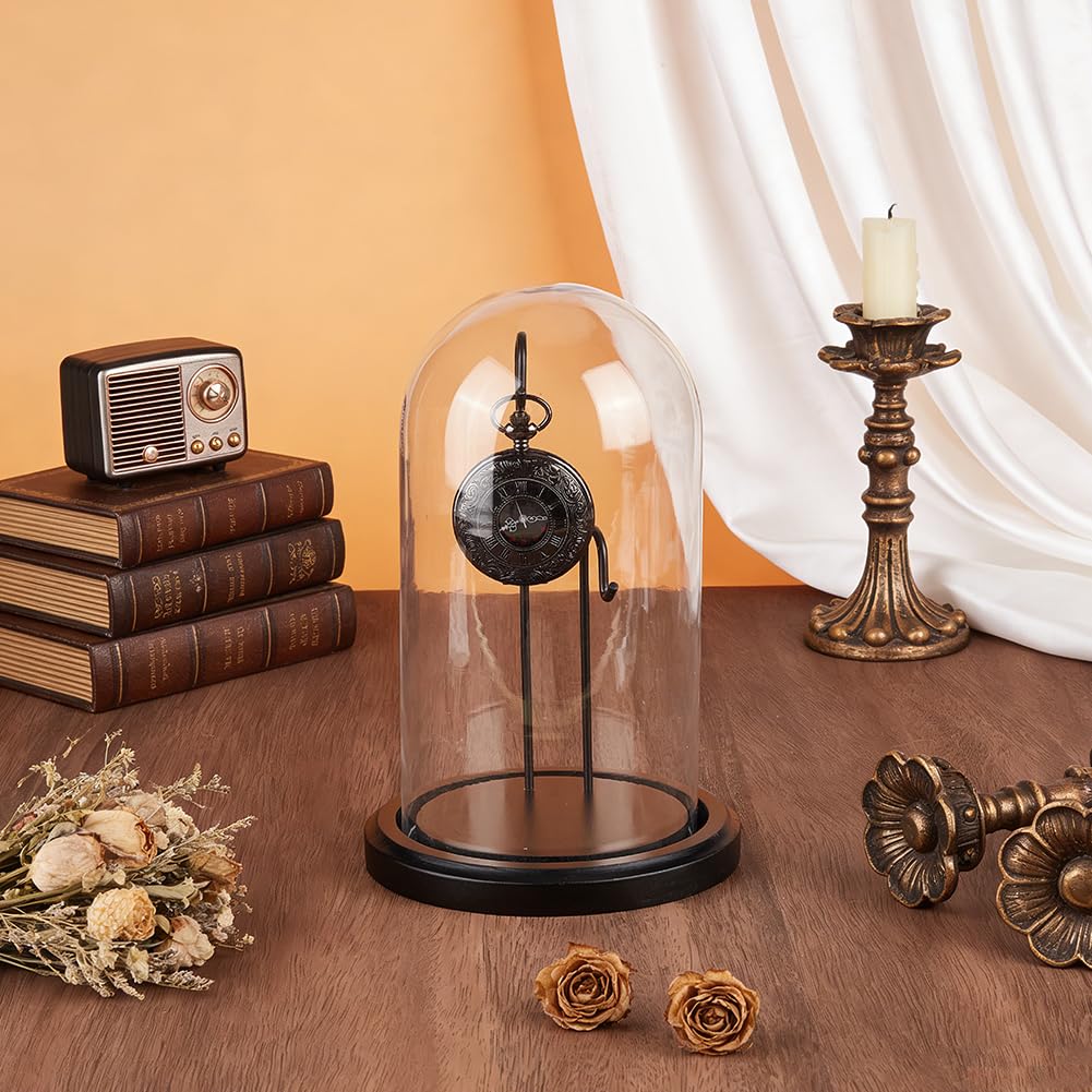 PH PandaHall 12.7x19.8cm Cloche en Verre d'Affichage Dôme de Présentation pour Montre de Poche avec Base en Bois et 2 Crochets pour Présenter Montres de Gousset, Bijoux, Médailles, Photos