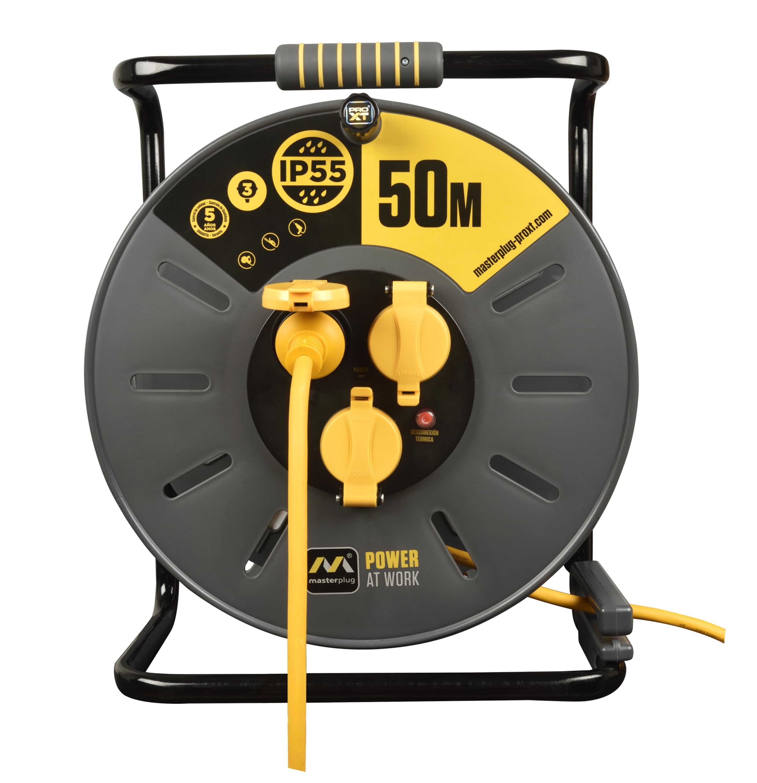 Masterplug Pro-XT Enrollacable 50m, Alargador Enchufe IP55, Extensión Eléctrica 3 Tomas Schuko, Alargo Enchufe Profesional 3x1,5mm2