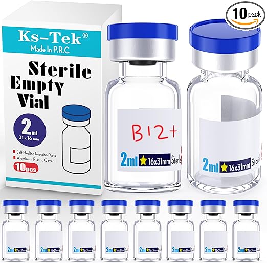 Ks-Tek Sterile Empty Vials with Self Healing Injection Port,with Aluminum Plastic Cap,Sterile Package (2ml Clear,10)