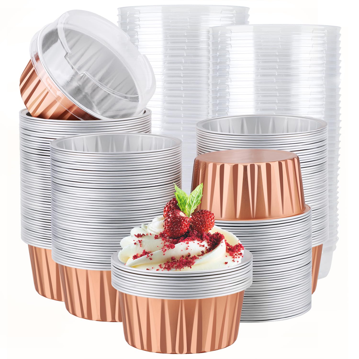 EUSOAR Tazas para magdalenas para hornear, 200 moldes de aluminio de 5 onzas con tapas, recipientes reutilizables de crema brulee, pequeños ramequines de postre, moldes de flan de natillas para boda,