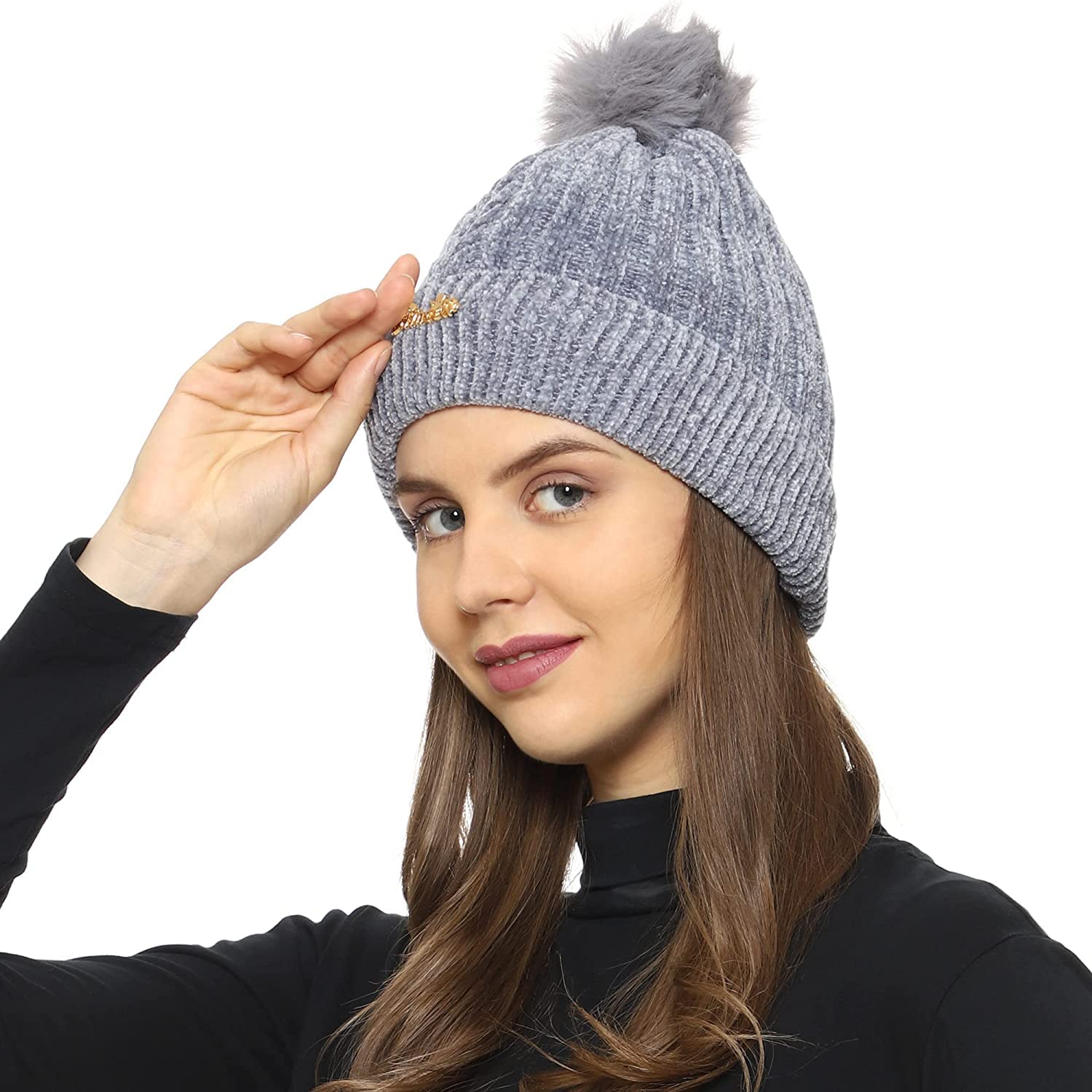 RR DESIGN Fashion Women Winter Soft Warm Snow Proof Pom Cap for Women Running Headwear (Grey) 2