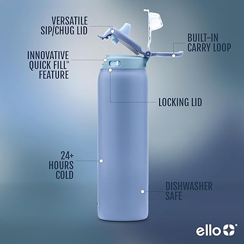 Miniatura 3 de Ello Pop & Fill Stainless Steel Water Bottle with Quick Fill Technology, Double Walled Vacuum Insulated Metal, Leak Proof Locking Lid, Sip & Chug,