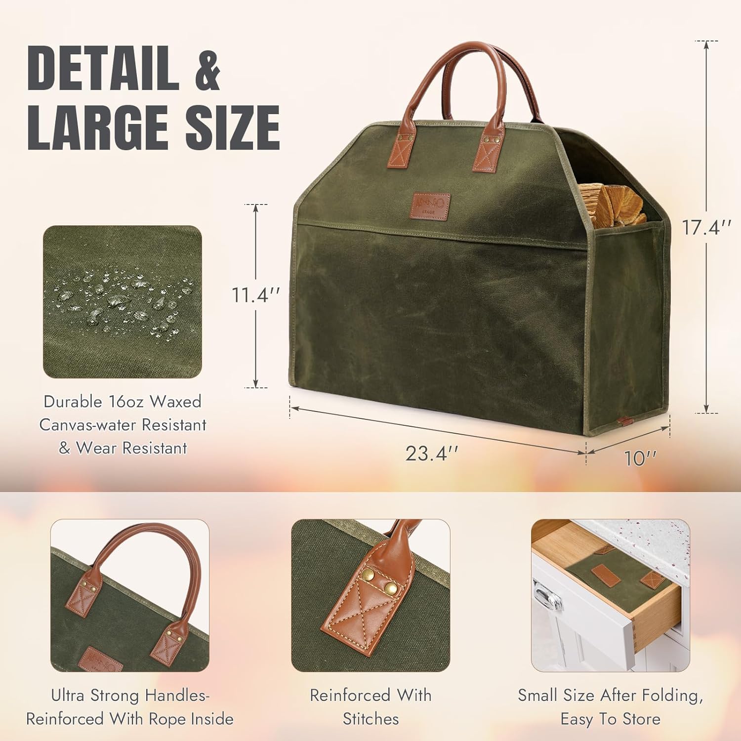 INNO STAGE Heavy Duty Firewood Log Carrier Tote Bag, Large Wood Storage Hay Hauling for Fireplace Fire Pit Outdoor Camping, BBQ Barbecue - Image 5