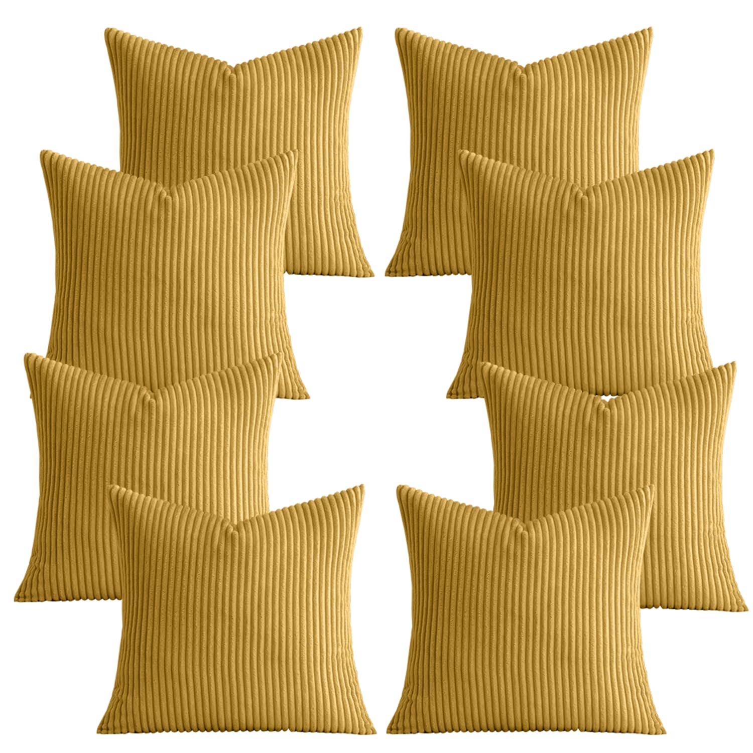 AMEHA Set of 8 Pcs Soft Stripe Ochre Velvet Cushion Covers 45 x 45 cm with Invisible Zipper Decorative Square Throw Pillowcases for Livingroom, bed, couch, office (18x18 inch Stripe Cushions)