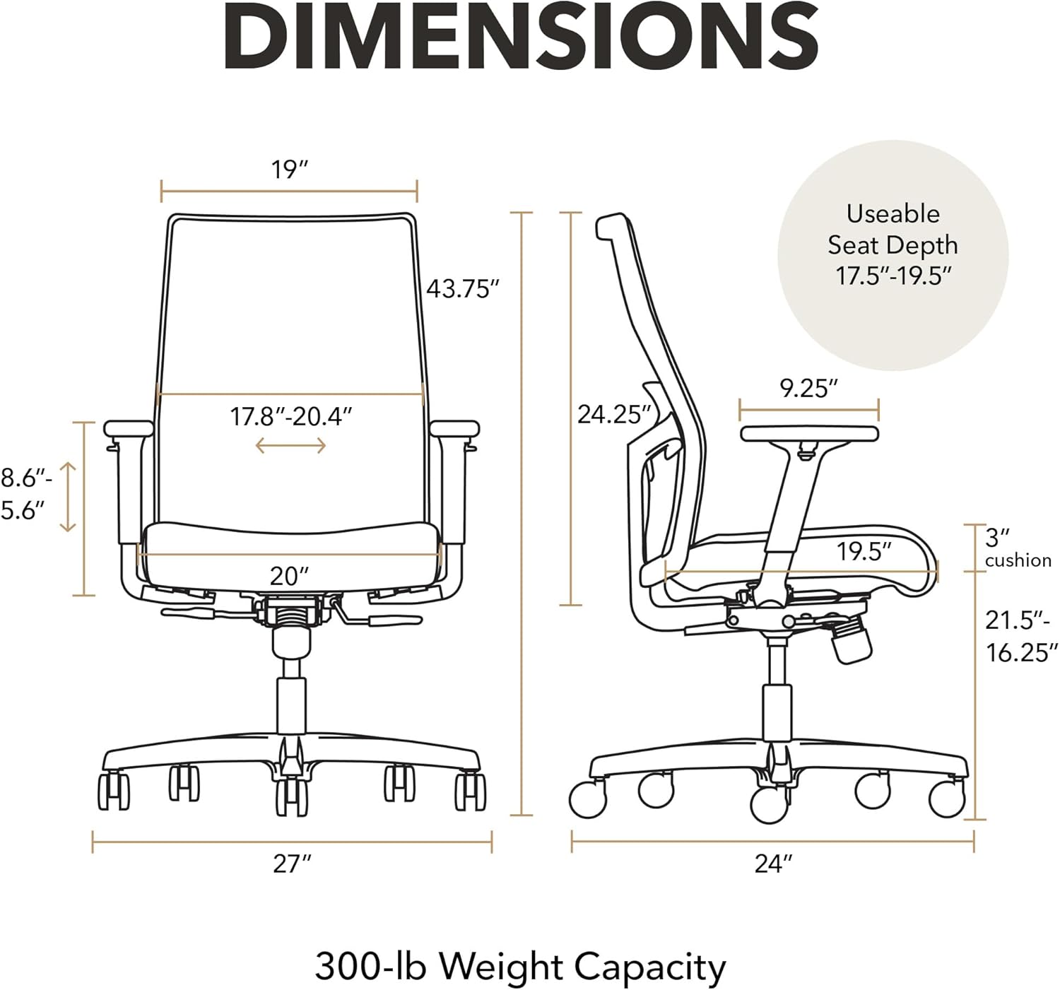 HON Ignition 2.0 Mid‑Back Ergonomic Office Chair, Mesh Task Desk Chair with Lumbar Support, Standard Synchro‑Tilt, Height and Width Adjustable Arms, Black Frame, Sky