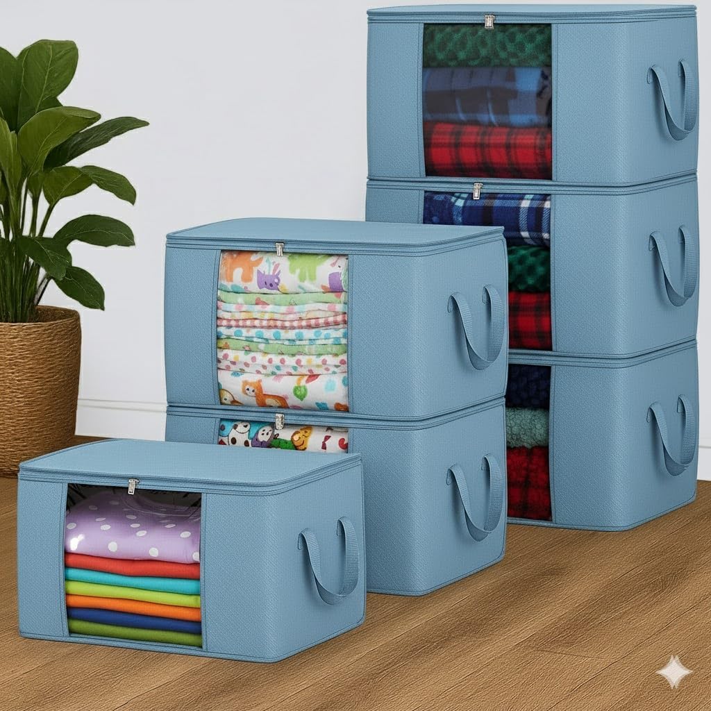 Mattress-Homes 6 Pack Clothes Storage, Foldable Blanket Storage Bags, Containers for Organizing Bedroom, Closet, Clothing, Comforter,Closet Organization with Handle Light Blue