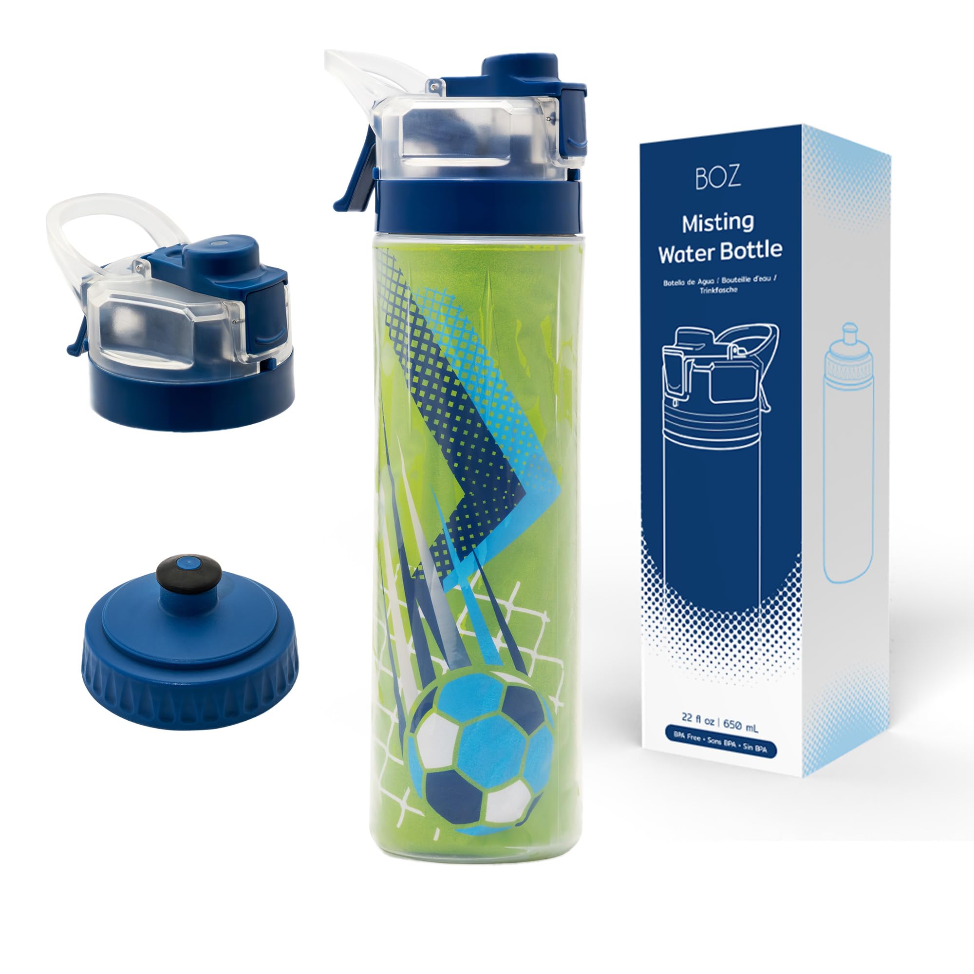 BOZ Champion 22 oz 650ml Soccer-Themed Squeeze Water Bottle Refreshing Mist Spray Sturdy Insulated Design Leak-Proof Easy to