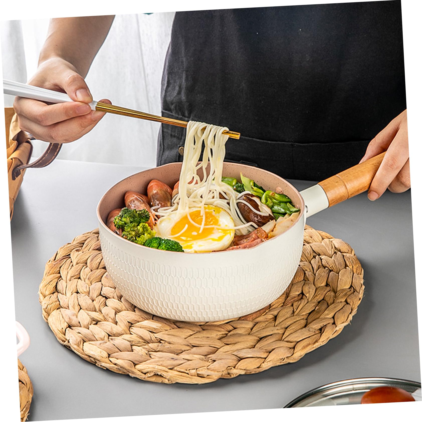 Japanischer Aluminiumtopf im Japanischen Stil mit Holzgriff Babybrei Topf ohne Deckel Leicht zu Reinigen die Zubereitung von Babynahrung zu Hause