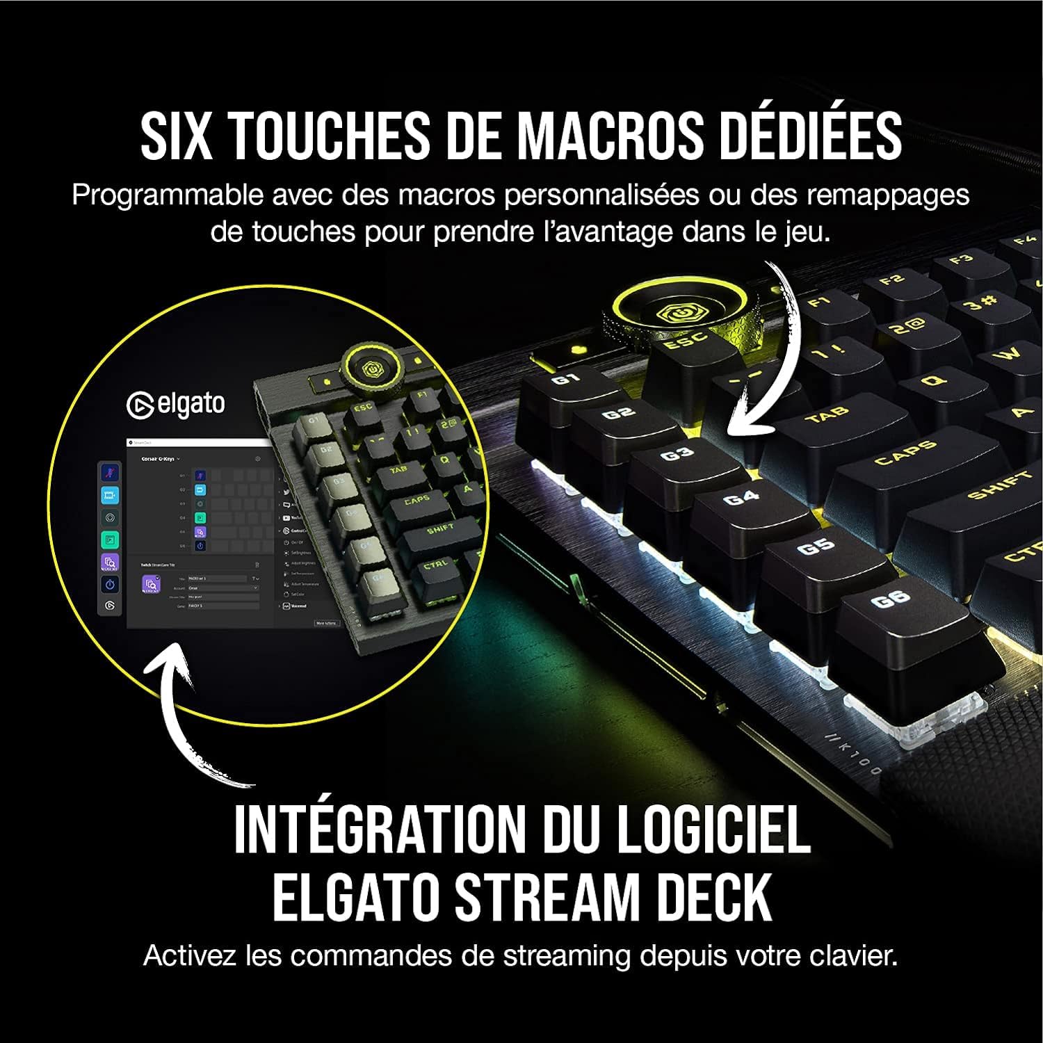 Corsair Klawiatura gamingowa K100 RGB (przełączniki optyczno-mechaniczne OPX: ultraszybkie i liniowe klawisze, podwójny wtrysk PBT, Elgato Stream Deck) AZERTY, czarna