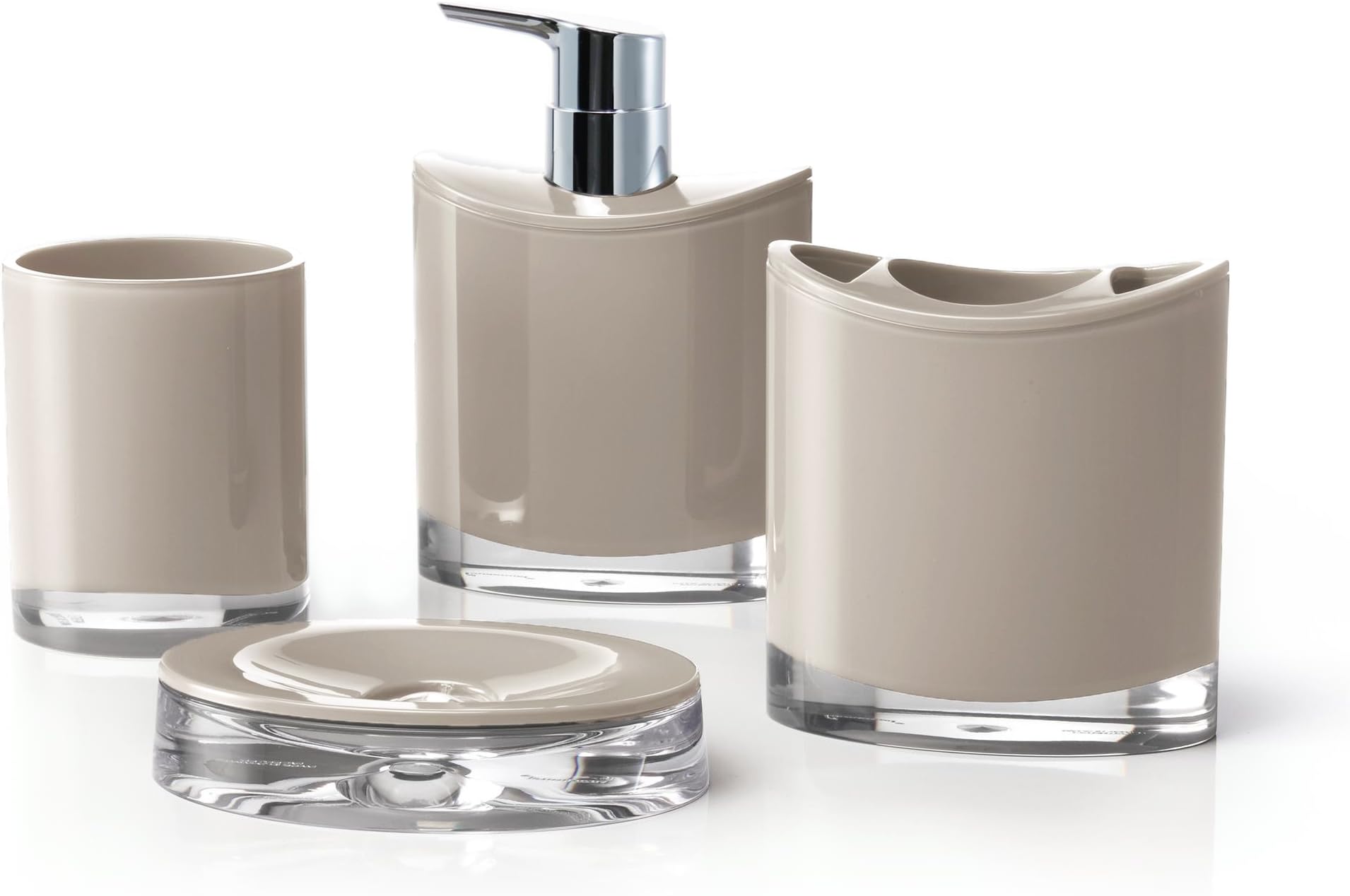 IMMANUEL Optic Designer 4pcs Bathroom Accessory Ensemble Set, Scratch Durable Acrylic Made Scratch Resistant Toiletries Organizer with Plastic Pump – Brown