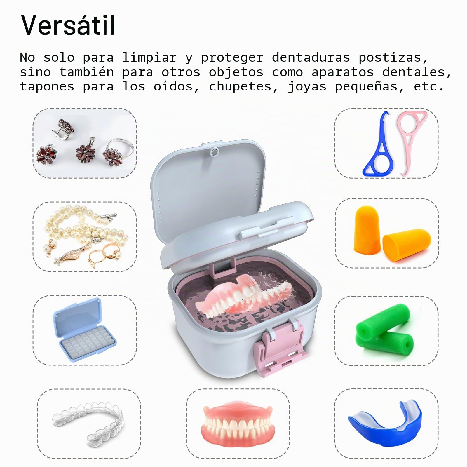 BVN Caja de prótesis con colador y protección contra fugas, caja de doble capa para retenedores, dentaduras y guías de mordida, caja de limpieza portátil y almacenamiento de viaje