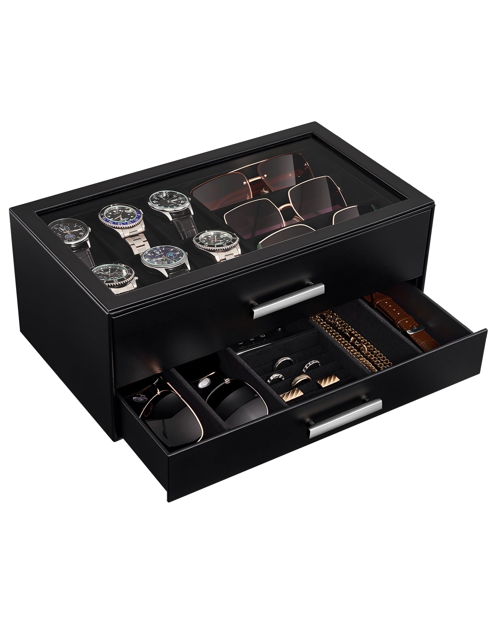 ProCase Caja para Relojes, Estuche para Relojes, Organizador de Joyas para Hombre, Almacenamiento de Joyas con Tapa de Cristal Transparente, 2 Niveles, Almacenamiento para Relojes, Gafas -Negro