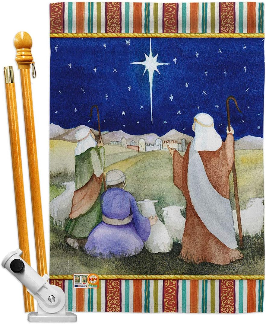 Breeze Decor HS114215-BO Christmas in Bethlehem Winter Nativity Impressions Decorative Vertical 28" x 40" Double Sided House Flag Set Pole Bracket Hardware
