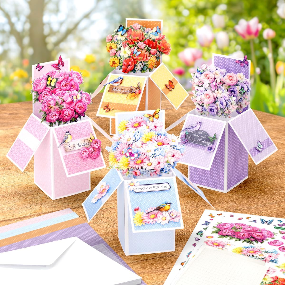 Katy Sue Blooming Box Bouquets Pop Up Card Making Kit. Make 8 3D Floral Box Cards. All-in-one Kit: Die-Cut Decoupage, Cardstock, Adhesive Pads, Envelopes & Instructions for Card Making Supplies