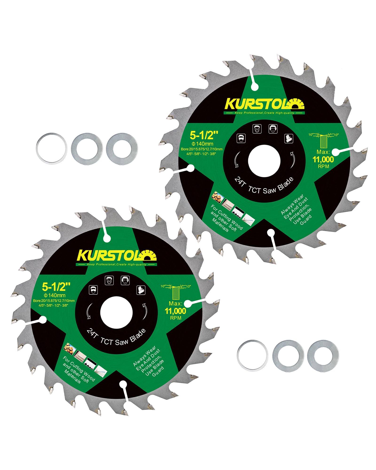 KURSTOL Wood Circular Saw Blade - 140 x 20 x 12.7mm 24 Tooth TCT Cutting Blade for Wood, Plastic, Plywood, Particle Boards, Multilayer Boards(2 Pack)