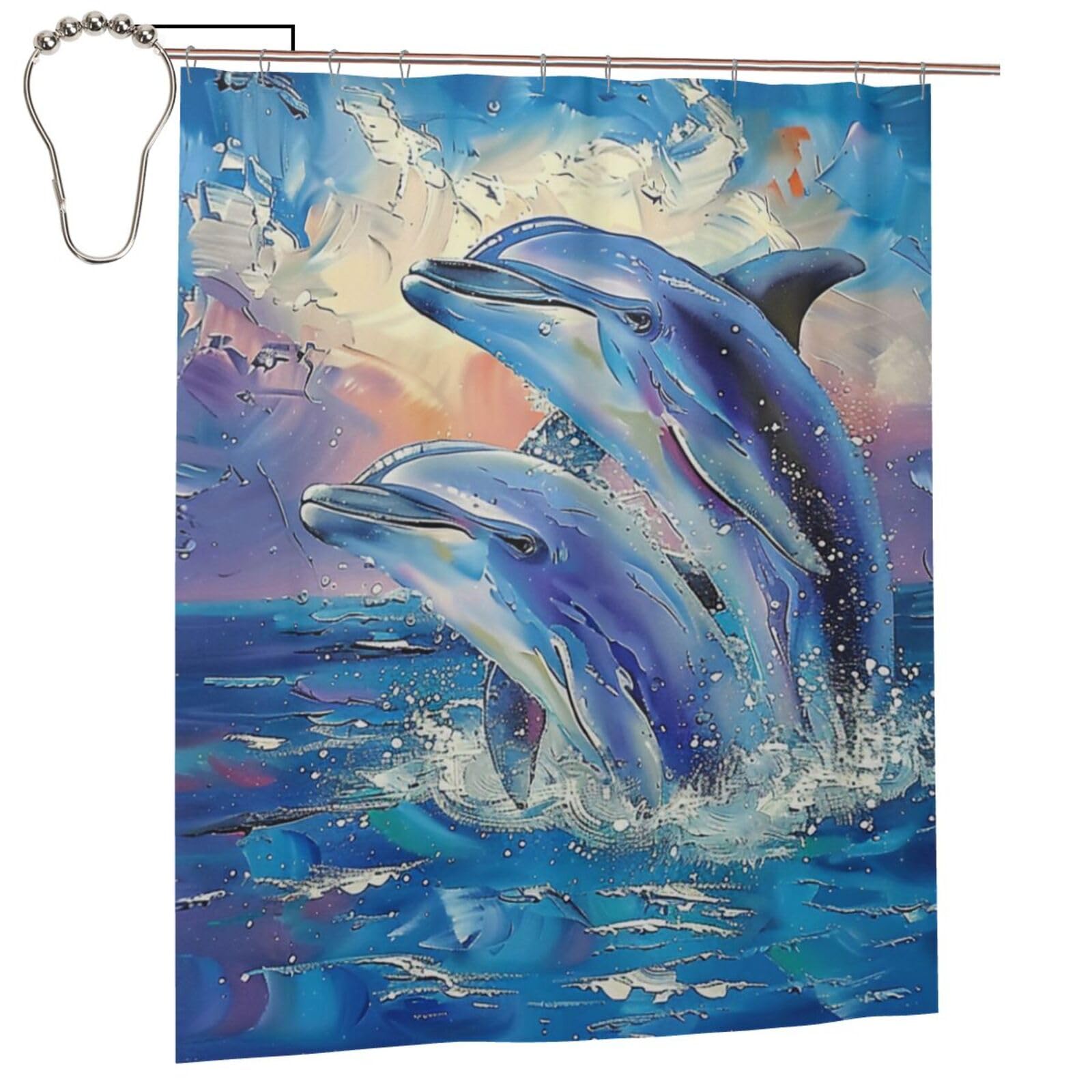 BWWHCCTI Dolphin 1 Printed Shower Curtain With 12 Iron Hooks Opaque Quick Drying Waterproof Shower Curtains Sets For Bathroom 152x183 Cm