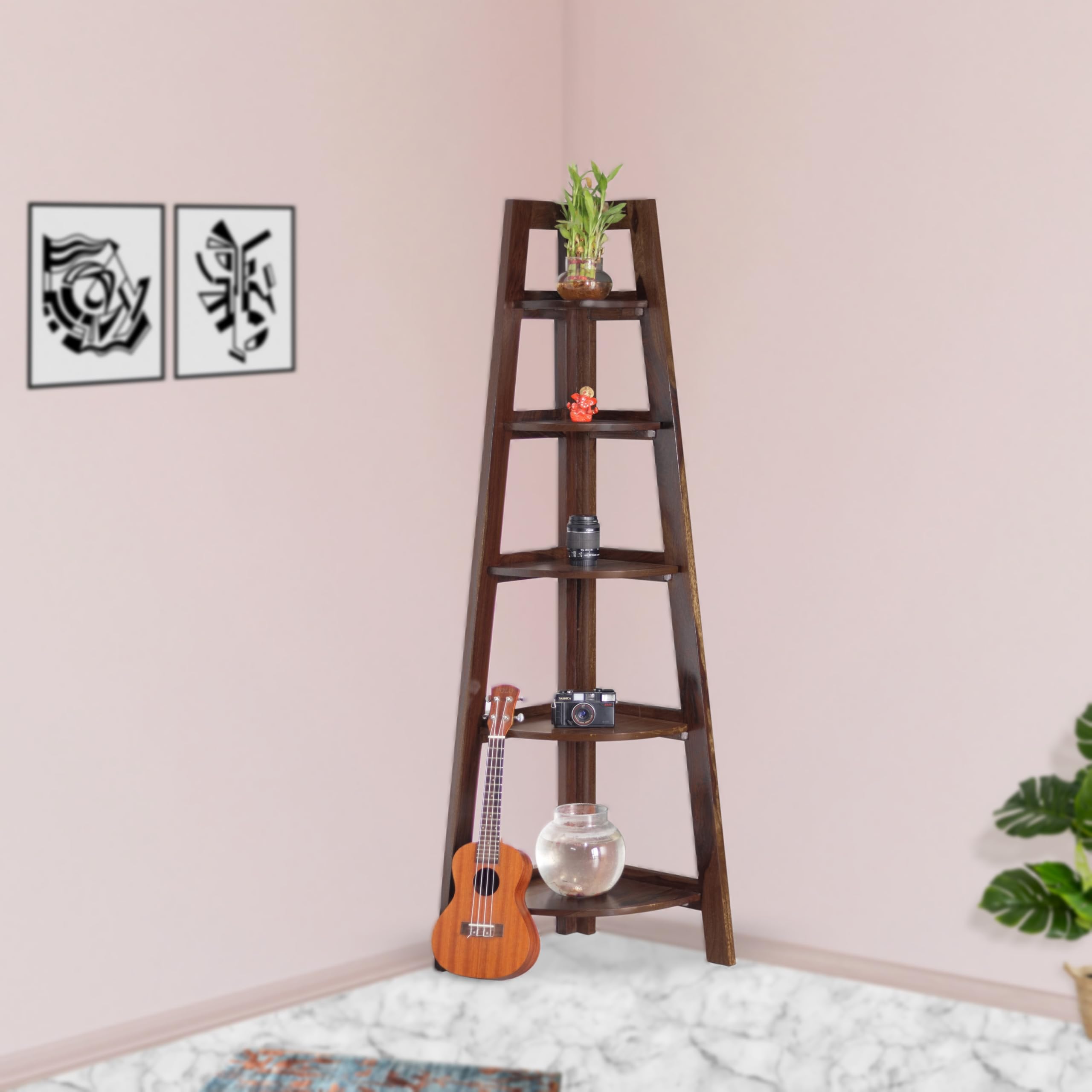 CUSTOMCRAFTS Folding Ladder Rack Sheesham Wooden Vitrine Corner Shelf ...