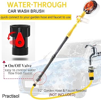 Rotating Car Wash Brush with Soap Dispenser, Automatic Rotary Car Wash Mop Soft Exterior Car Cleaning Brush Kit Garden Hose Flow Through Scrub Brush to Wash Car Truck RV (Long Handle)