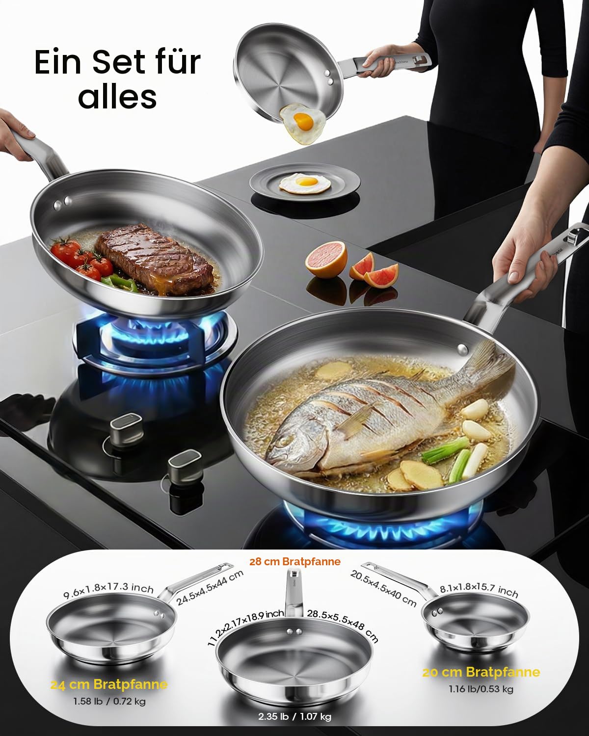 Pfannenset Edelstahl, 4-teilig 20,5/24,5/28,5 cm, Induktion, unbeschichtet